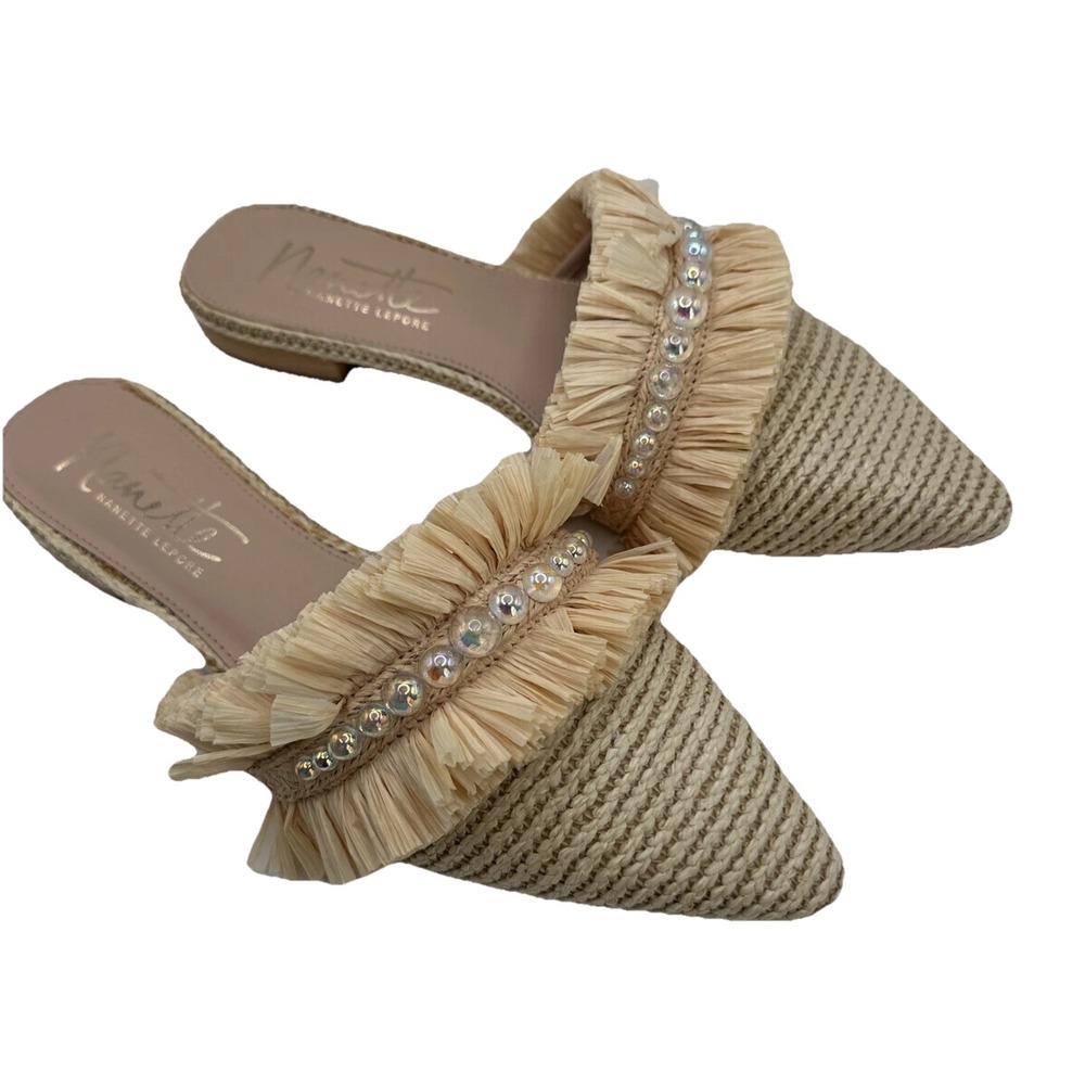 Nanette Lepore Jeweled Weave Flats Women's 8 M Slip On Natural Slippers New